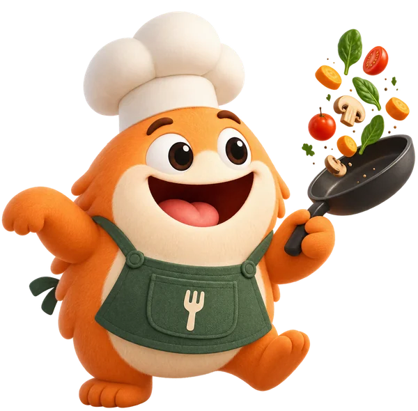 Tukka in a chef hat tossing vegetables in a pan